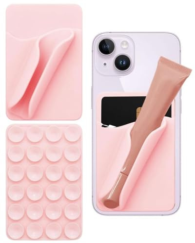 FUGLUS lipgloss handyhülle，handyhülle mit lipgloss halter，Handy Saugnapf，Silikon Saugnapf Handyhalter Mit Kartenschlitz und Lippenstifthalterung Handygriff Multifunktional Halterung für Frauen (Rosa)
