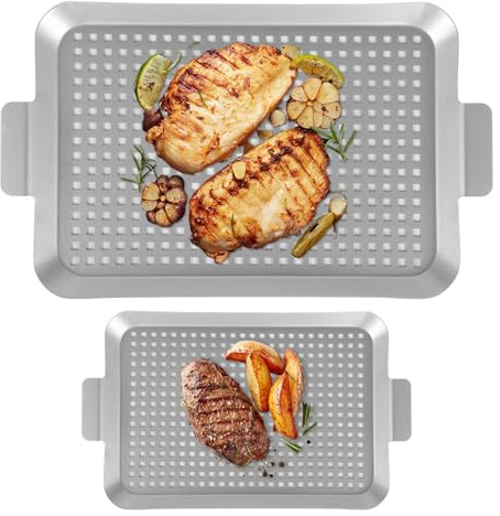 Bbq Grill Pans Set, 2-Pack Griddle Trays With Handles & Perforated Holes For Grilling Meat, Fish, Vegetables, Includes Medium & Small Sizes