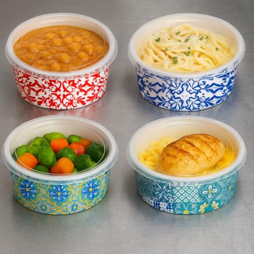 Terryshop74 Ensaladera mayólica 1000 ml con tapas – 25 cuencos de papel decorado + 25 tapas transparentes – Recipientes grandes para poké, ensaladas y platos calientes