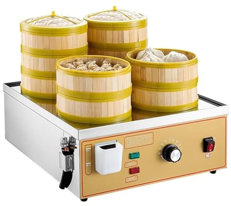Steamer di dim sum elettrico commerciale, macchina per panini a vapore a 4 fori, 30-110 ℃ Regolazione della temperatura, allarme di ebollizione a secco/carenza d'acqua e approvvigionamento idrico