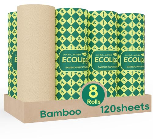 ECOlipak Bamboo Paper Towels, 8 Rolls, 2 Ply 120 Sheets, Nature