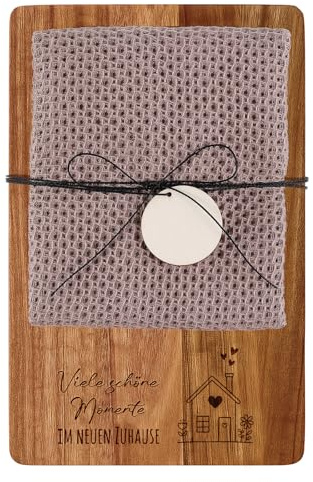 Xuniea Einweihungsgeschenk, Viele Schöne Momente im Neuen Zuhause | 23 x 15 cm Holz Frühstücksbrett, Baumwolle Küchentuch, Neues Zuhause Geschenk zum Einzug, Wohnung Geschenk, Richtfestgeschenk