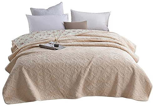 HWHHDQL Gesteppte Tagesdecke, Volltonfarbe Prägung Bettüberwürfe Warme Steppdecke Wendbare Bettdecke, Weiche und Bequeme Flanell Gesteppte Tagesdecken(Beige,180x200cm)