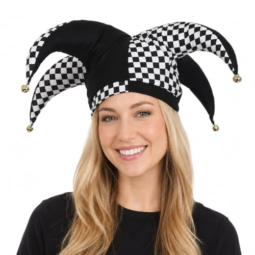 ANDHOM Cappello da giullare da clown Joker, accessorio per costume con campane, per Halloween, Natale, carnevale, martedì grasso, cosplay (nero e bianco)