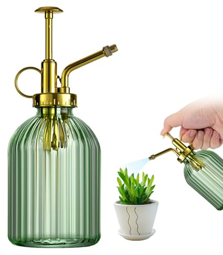 Växt mister vattensprayflaska för växter kreativt handtryck vattenflaska glas blomspruta (grön + gyllene sprinkler), gartendekoration
