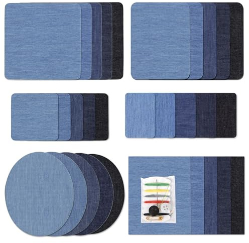 30 Stück Jean-Flicken zum Aufbügeln für Innen und Außen Stärkster Kleber, 100% Baumwolle, Verschiedene Größen, Farben Verschiedene Blautöne