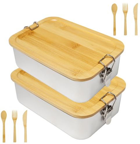 Sixfolo 2 Pcs Boîte à Déjeuner Inox avec Couvercle Bambou 1400ml | Boîte à Repas Adulte en Acier Inoxydable,Grande Bento Lunch Box Métal pour Bureau école Camping