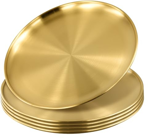 TAICHEUT 5 PCS Gold Stainless Steel Plates, 12 Inch Round Metal Dinner Plates for Barbecue, Picnics, Restaurant, Kitchen Use