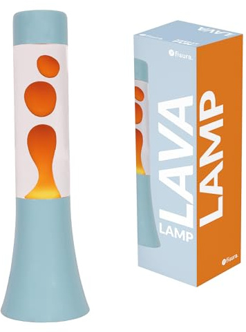 Fisura – Lavalampa blå och orange 30 cm dekorationslampa med retrodesign, avslappnande ljus för hemmet, blå bas och orange vätska, 9 cm x 9 cm x 30 cm.