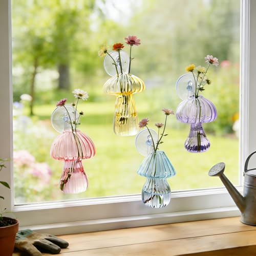 Everkeen Vase mit Saugnapf 4 Stück Propagation Station Bunte Glasvase in Pilzform Fenster Deko Pflanzen Terrarium Hängende Blumenvase für Haus Wohnzimmer Büro Dekoration für Hydrokultur