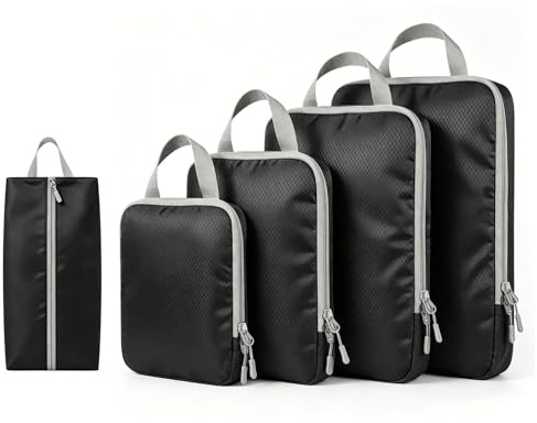 Compression Packing Cubes for Suitcases, Ultralight 5 Set Packing Cubes for Backpack Waterproof Travel cubes Suitcase Organizer Bags Set for Luggage Travel Essentials (Black)