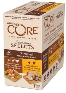 Wellness CORE Signature Selects Våtfoder för katter i sås, spannmålsfritt, med hög kötthalt och blandade strimlor, 8 x 79 g