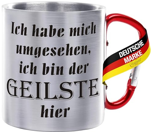 CreaLuxe Edelstahltasse mit Karabiner - Ich Habe Mich umgesehen. Ich bin der Geilste hier - 330ml, Tasse bedruckt, Kaffeetasse, Bürotasse, Metalltasse mit Name