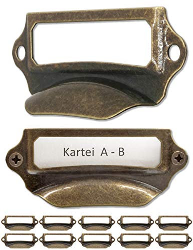 Fuxxer® 10 finestre per etichette, maniglie in metallo in ottone anticato, per cassetti e archivi (70 x 29 mm)