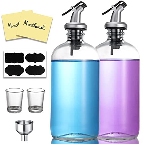 16-Ounce Glass Mouthwash Dispenser - Clear Glass Bottle with Pour Spout, Shot Glass, Funnel and Labels, Refillable Brown Boston Round Bottles for Mouthwash, Liquid Soap, Dish Soap, Lotion - 2 Pack