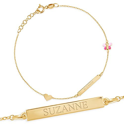 Maverton ID Kinderarmband 925 Silber - Namensarmband mit Schmetterling + personalisierte Geschenkbox mit Gravur - Namenskette zur Taufe zum Geburtstag - Länge: 13-17 cm - silber/vergoldet - vergoldet