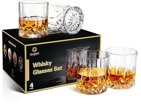 GLASKEY Juego de 4 Vasos Whisky Cristal, 320ml Vaso de Whisky sin Plomo para Agua,Cóctel,Vodka,Adecuado Familias,Restaurantes y Fiestas,Regalos úNicos Para Hombres Y Mujeres