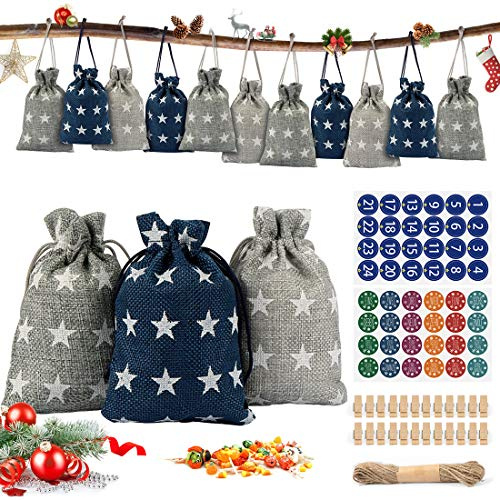 Bluelves Adventskalender zum Befüllen Stoff, 24 Adventskalender Säckchen mit Zahlenaufklebern, Adventskalender Selber Befüllen Beutel für Weihnachten 2021 zum Basteln, Weihnachts-Jutesäckchen zum DIY