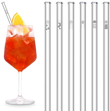 HALM Glasstrohhalme 6 Stück graviert: Süße Kater + Katzenpfoten Motive - Strohhalme 20cm - Kätzchen Pfoten Liebhaber Geschenkidee - Spülmaschinenfest