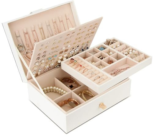 Chelory Jewellery Box Organiser for Women Girls, 3 Layer Large Jewellery Storage Case for Rings Earrings Necklace Bracelets Faux Leather Jewelry Gift Box (White)