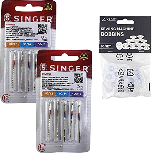 Confezione Singer 2020 da 10 aghi universali, spessori 80-90-100 per cotone e sintetici, 130/705 H + 10 griglie trasparenti