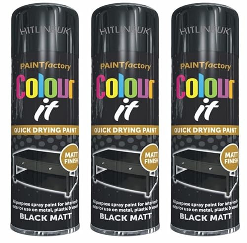HitlineUK 3 x 250ml Matt Black Spray Paint – Multi-Purpose Aerosol Paint for Metal, Wood, Plastic, Glass & DIY – Fast Drying, Excellent Adhesion – Interior & Exterior Use