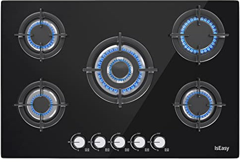 Plaque à Gaz 5 Feux, Plaque de Cuisson Gaz 5 Foyer, Table de Cuisson 77cm, Cuisinière Encastrable, Gazs Naturel/Propane/Butane (5 Brûleurs)
