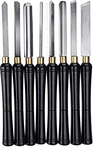 Outils de tournage pour tour à bois en carbure, ensemble de 8 ciseaux de tour pour tourneur à bois débutant à intermédiaire avec poignées en hêtre, lames en acier rapide, embouts en laiton