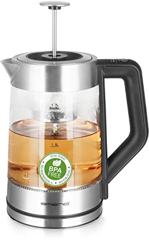 Emerio Bouilloire en verre avec choix de la température [50|70|80|90|100°C], WK-122730, bouilloire, passoire à thé manuelle en acier inoxydable, verre borosilicate, sans BPA, volume 1,7 l, 2200 W.