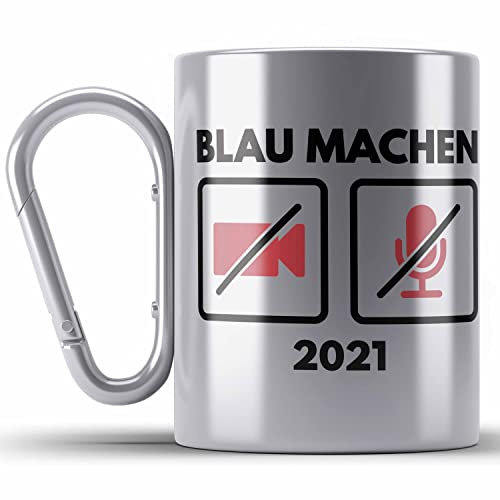 Trendation - Lustige Edelstahl Tasse Karabiner Home Office 2022 Blau Machen Homeoffice Karabiner Edelstahl Tasse Karabiner Edelstahl Gadgets Witziger Spruch Lehrerin (Silber)