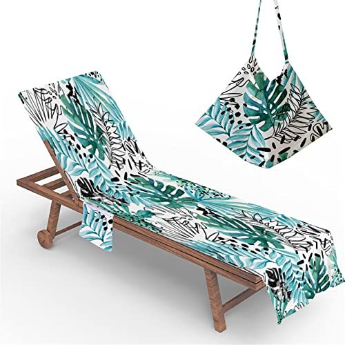 Morbuy Beach Chair Cover Towel, Green Leaves Print Beach Towel Lounger Bags with Pockets Sunbed Towels Fitted Microfiber Sun Lounger Towels for Summer Garden Pool Vacation (Black)