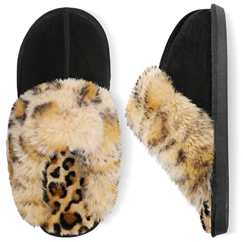 Besroad Womens Furry Slides House Slippers Warm Bedroom Slippers Cozy Memory Foam Plush Shoes Black Leopard8-9