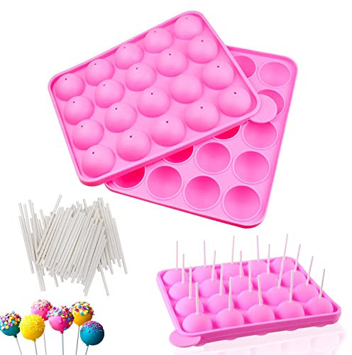 aghoer Moules à Cake Pops, Moules à Sucettes en Silicone 2 Pièces avec Bâtonnets à Cake Pops 100 Pièces, pour Bonbons, Chocolat
