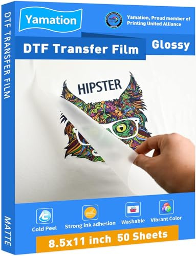 Yamation DTF Lot de 50 feuilles de film de transfert brillant pour t-shirt 21,6 x 27,9 cm