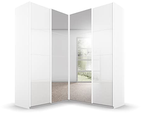 Rauch Möbel QUADRA, Eckschrank, Farbe Glas Weiß, Breite 181 cm | Eckschrank mit Schwebetüren, 4-türig, mit Spiegel und Glastüren, für Schlafzimmer, Gästezimmer, Ankleidezimmer, Garderobe