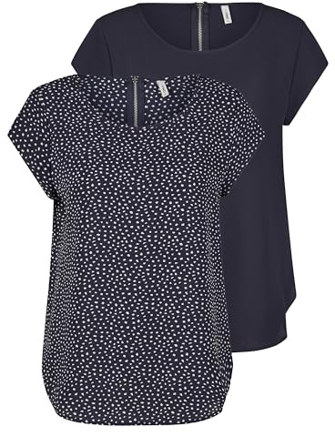 ONLY ONLVIC - Pack de 2 Camisetas básicas para Mujer, Cuello Redondo, Corte Regular, Blusa de Manga Corta, Parte Superior con Cremallera, Estampado de Verano