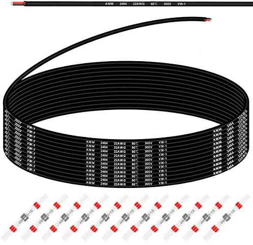 Xiatiaosann 22AWG 2 x 0.3 mm² Electrical Wire (10m/33ft) 22 Gauge 300V PVC 2 Conductor Stranded Tinned Copper Electrical Wire for Auto Lamps/LED Strip/Battery, with 10 Pcs Heat Shrink Tube