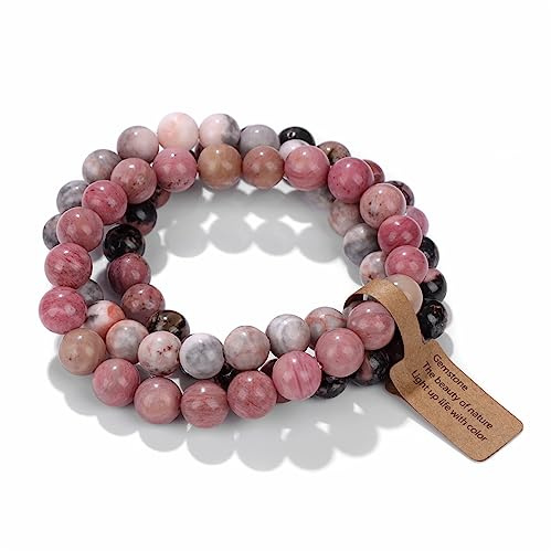 Risyfjew 3 PCS Healing Crystal Bracelets Women 8mm Natural Stone Beaded Stretch Bracelet Pink Zebra Jasper Jewelry Gifts