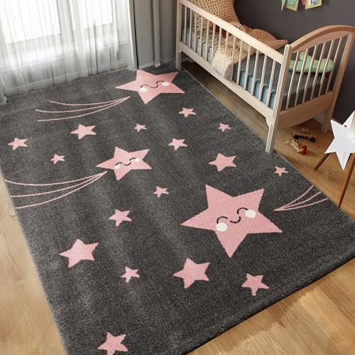 Carpettex Kinderteppich süße Stern Design Pink 140 x 200 cm - Kurzflor Teppich Kinderzimmer für Mädchen und Jungen Pflegeleicht Weich - Waschbarer Spielteppich Babyteppich Gaming Teppich Babyzimmer