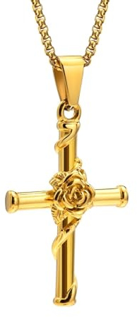 AMDXD Men's Stainless Steel Cross Rose Pendant Pea Chain, Punk Rock Gothic Men's Chains, 60 cm, Stainless Steel Gold, Without cubic zirconia