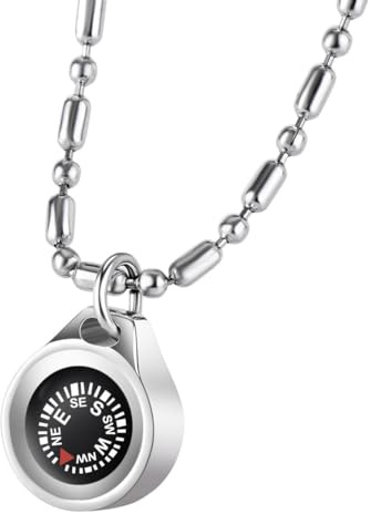 Jemant Working Compass Necklace For Men Women Silver Stainless Steel Chain Round Mini Pocket Functional Rotatable Compass Pendant Necklace Camping Hiking Jewelry (Silver)