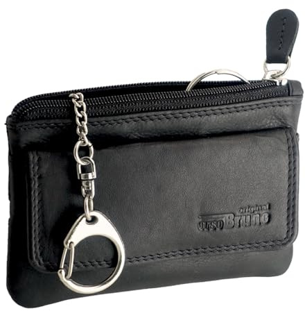Schlüsseltasche Leder schwarz Schlüsseletui Leder Schlüsselmäppchen Damen und Herren Rindleder Büffel schwarz + Karabiner und 2 Schlüsselringe + Münzfach