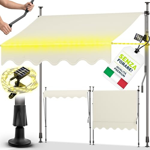 tillvex Klemmmarkise 300cm mit Handkurbel & LED Lichterkette Balkonmarkise | Markise Balkon UV-beständig, wasserdicht & höhenverstellbar | Outdoor Sonnenschutz zum Klemmen für Terrasse & Garten