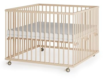 Sämann Laufstall Baby 100x100 cm mit Matratze SleepPlus und 3 Schlupfsprossen| TÜV geprüft | stufenlos höhenverstellbar | Laufgitter Premium | Babybett aus Holz | Krabbelgitter natur