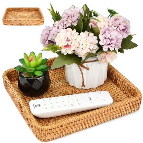 TANCUDER Vassoio Decorativo in Rattan, Cesto Portaoggetti Intrecciato, Organizer Scrivania Ufficio, Portaoggetti Tavolo Tessuto per Trucco, Tovaglioli, Dessert, Ornamenti