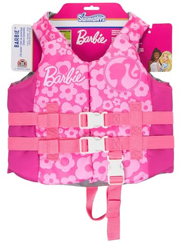 SwimWays Barbie - Chaleco salvavidas para niños, aprobado por la Guardia Costera de Estados Unidos, flotadores de piscina y chalecos salvavidas para niños, 33-55 libras