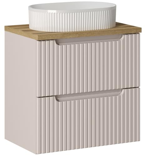 Lomadox Badezimmer Waschtisch 60cm mit Aufsatz-Waschbecken, Kaschmir und Eiche, gerillte Front