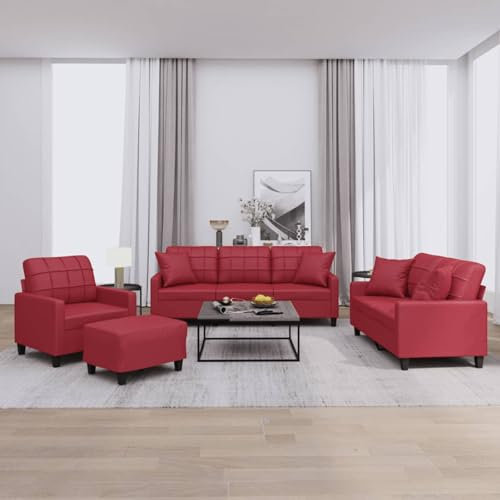 Homgoday 4-TLG. Sofagarnitur mit Kissen Wohnzimmersofa Loungesofa Sofa Couch mit Rückenlehne Gästesofa Polstersofa Couchgarnitur Sitzmöbel für Schlafzimmer Wohnzimmer BüroWeinrot Kunstleder