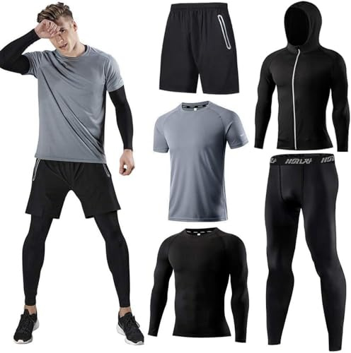Herren Sport-Laufset (4er oder 5er Pack) Athletisches Shirt+Short/Kompressionsshirt+Hose mit Mantel Trainingsanzug Gymnastikanzüge