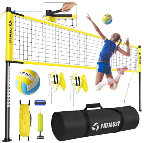 Patiassy 9,7 m x 0,9 m Set da rete professionale da pallavolo e palla per esterni, spiaggia, cortile, giardino con pali in acciaio regolabili in altezza, rete in nylon resistente, palla da pallavolo